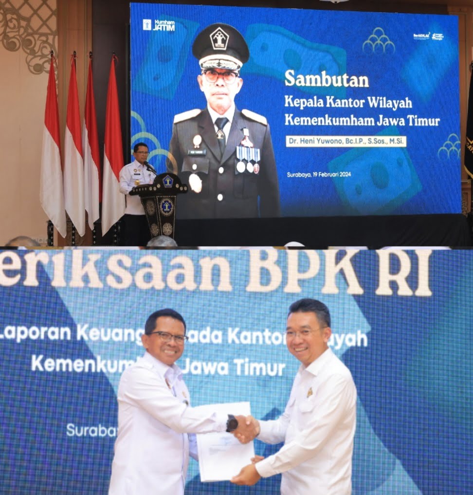 Jajaran Kanwil Kemenkumham Jatim kembali menjadi salah satu sampling dalam rangka pemeriksaan atas laporan keuangan Kemenkumham oleh Badan Pemeriksa Keuangan (BPK) untuk tahun anggaran 2023. Kakanwil Kemenkumham Jatim Heni Yuwono menegaskan bahwa jajarannya menekankan akuntabilitas kinerja untuk menyumbangkan nilai positif bagi Kemenkumham.