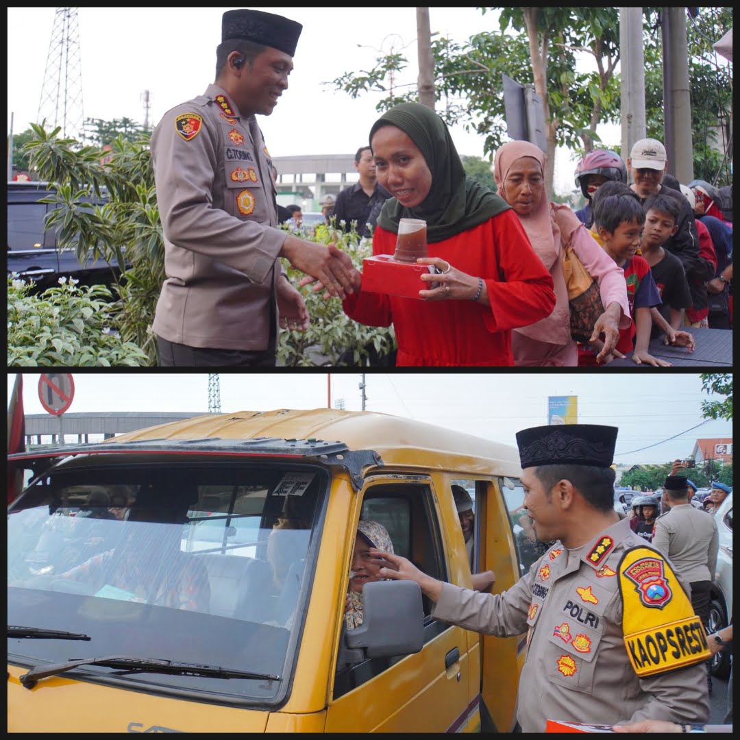 Berbagi berkah kenikmatan Bulan Ramadhan, Kapolresta Sidoarjo Kombes. Pol. Christian Tobing bersama pejabat utama membagikan takjil makanan dan minuman kepada masyarakat di Pos Lantas Taman Pinang Indah, Sidoarjo.