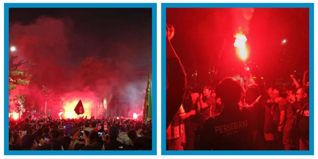 Ribuan Bonek suporter Persebaya melangsungkan nonton bareng (nobar) pertandingan Derbi Jatim melawan Arema FC di halaman Polrestabes Surabaya, pada Rabu (27/3/2024).