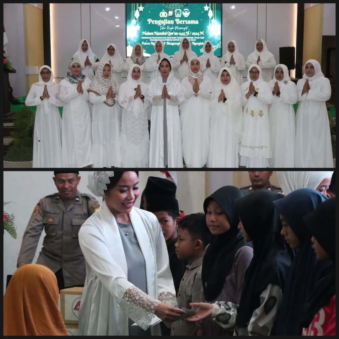 Kapolres Nganjuk AKBP Muhammad, S.H., S.I.K., M.Si., bersama Wakapolres Nganjuk, Pejabat Utama (PJU), Ketua Bhayangkari Cabang Nganjuk Ny. Anggun Muhammad beserta pengurus dan anggota Polres Nganjuk beserta Bhayangkari menggelar pengajian bersama dalam rangka Peringati Malam Nuzulul Quran 1445H/2023M, Kamis (28/03/2024). 