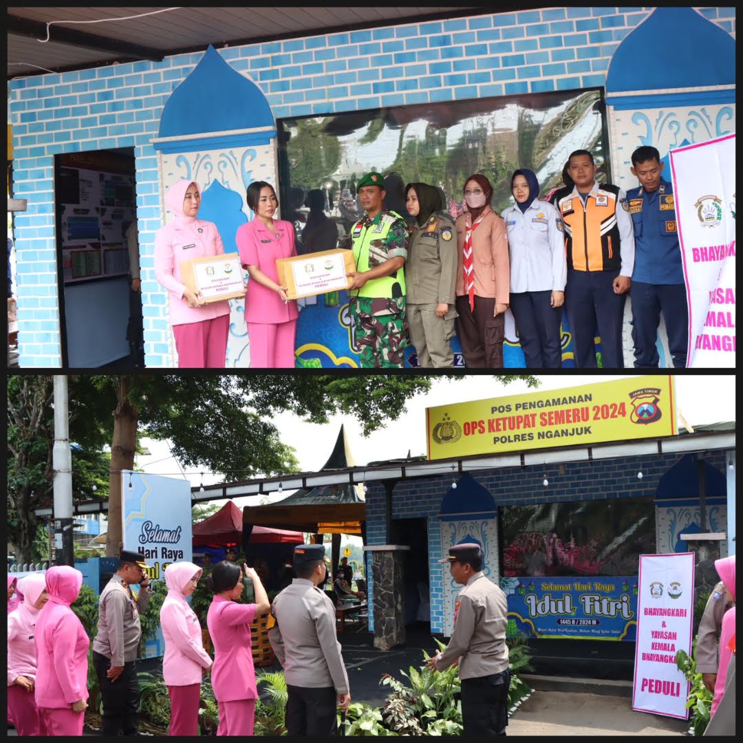Kapolres Nganjuk AKBP Muhammad, S.H., S.I.K., M.Si., bersama Ketua Bhayangkari Cabang Nganjuk Ny. Anggun Muhammad mengunjungi pos pelayanan dan pos pengamanan Operasi Ketupat Semeru 2024. 